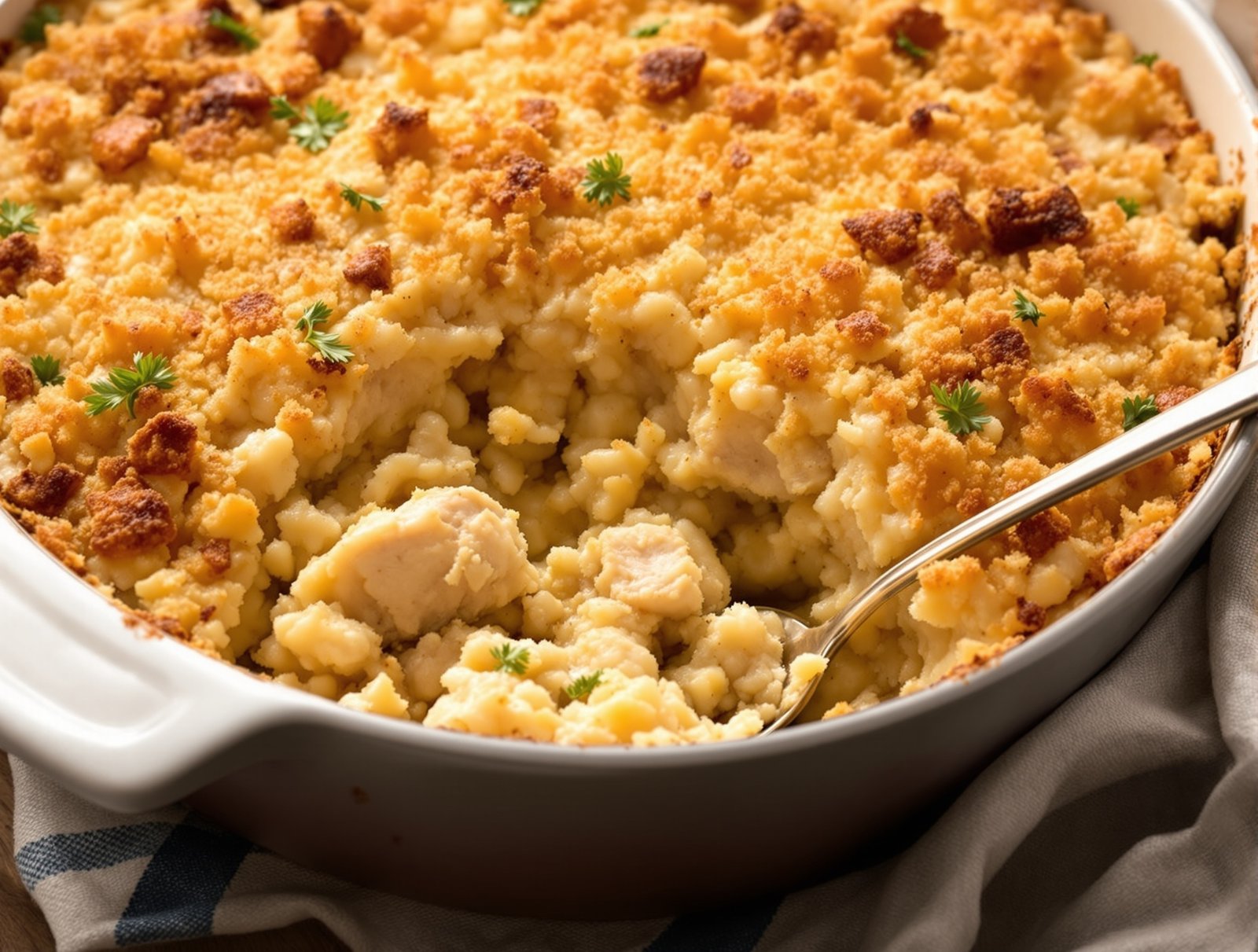 Delicious chicken and rice casserole topped with breadcrumbs.