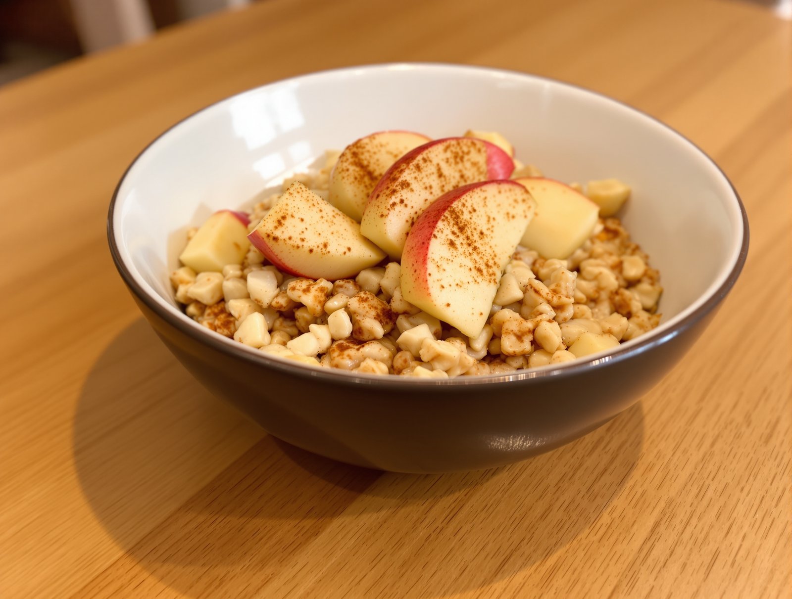 A bowl of oatmeal topped with sliced apples and cinnamon next to a whole apple.