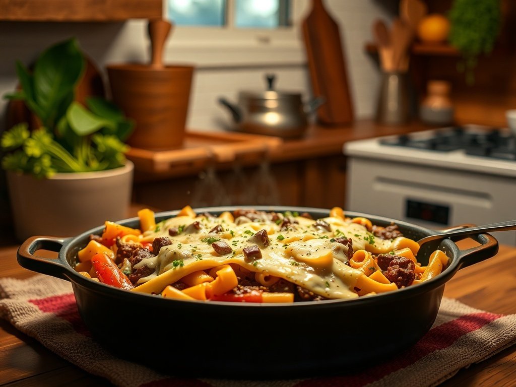 A delicious Beef and Noodle Casserole topped with cheese and colorful vegetables.