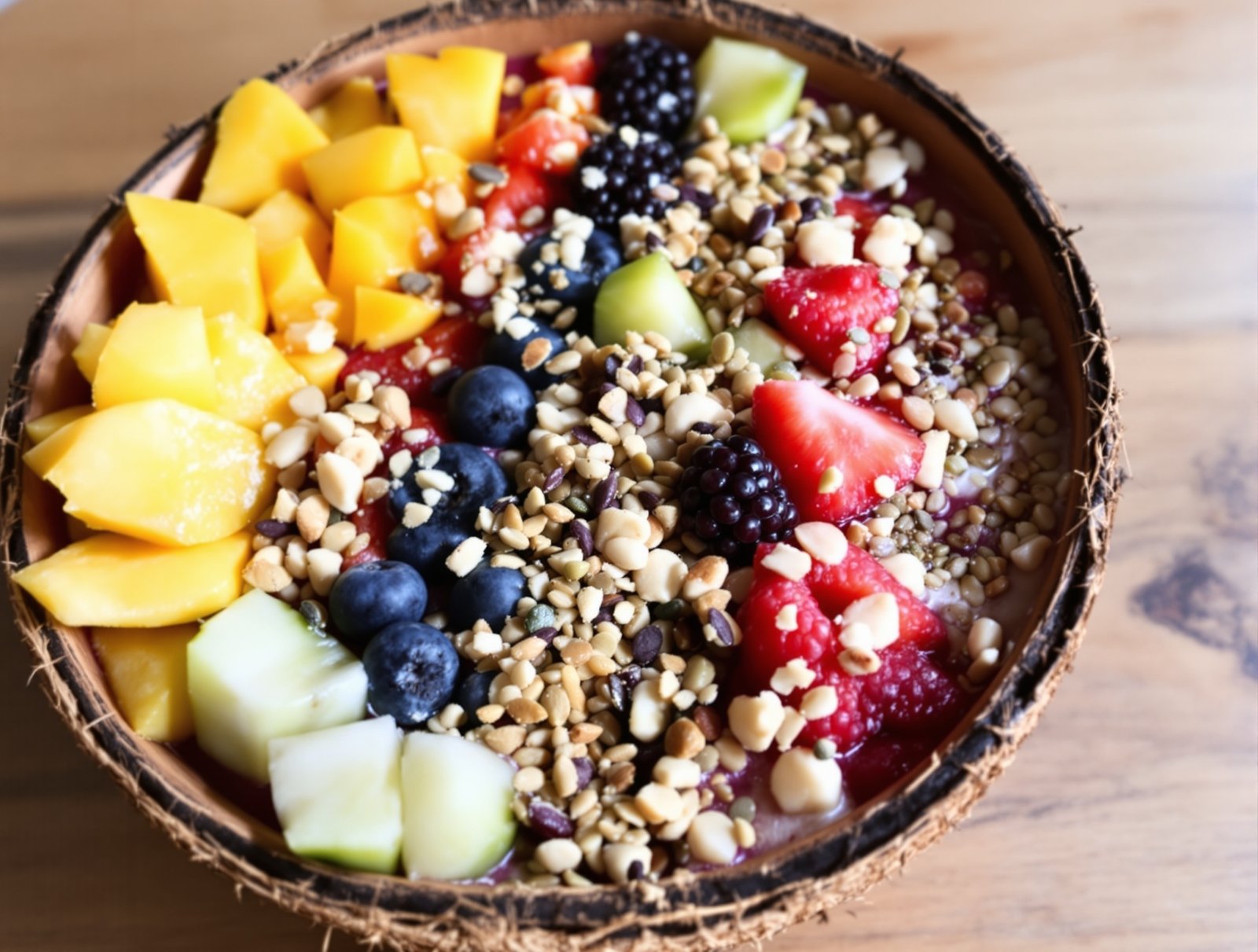 A delicious smoothie bowl topped with tropical fruits and granola.