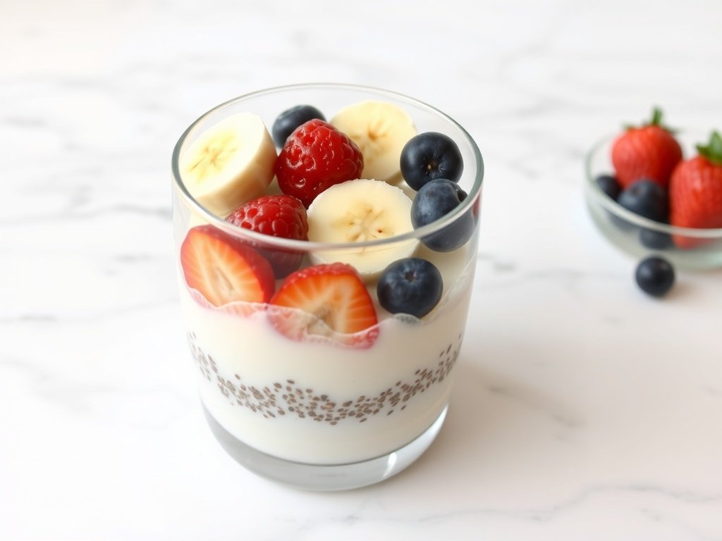 A glass of chia seed pudding topped with sliced bananas, strawberries, and blueberries, with additional berries in the background.