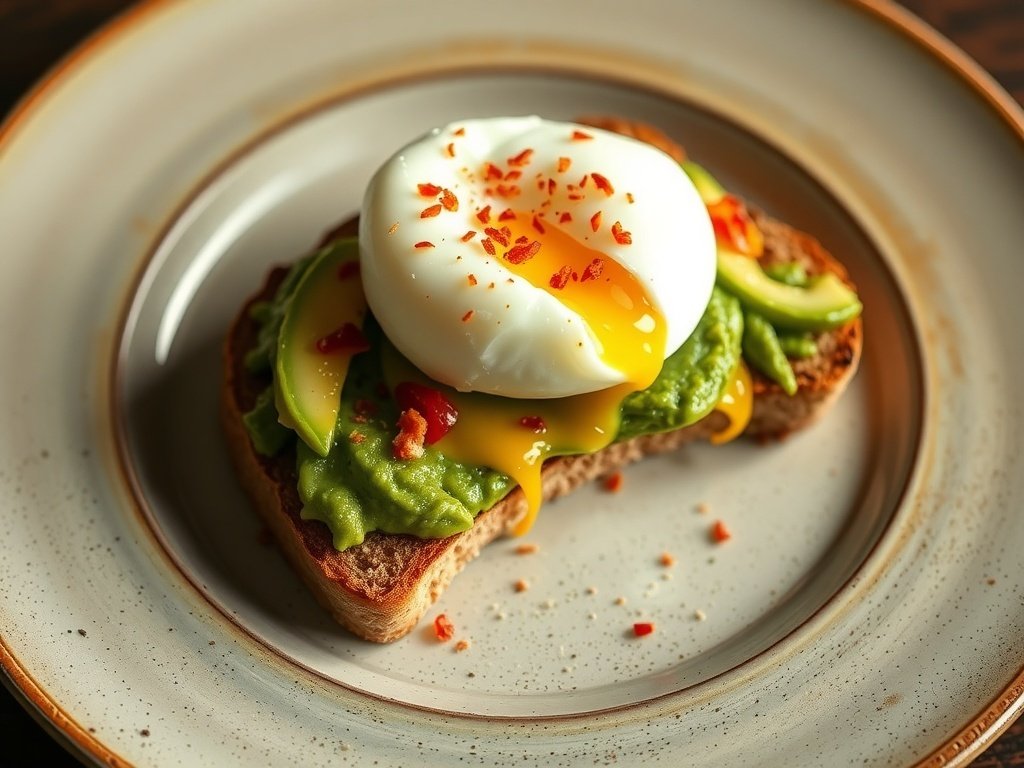 Creamy avocado toast topped with a poached egg and red pepper flakes
