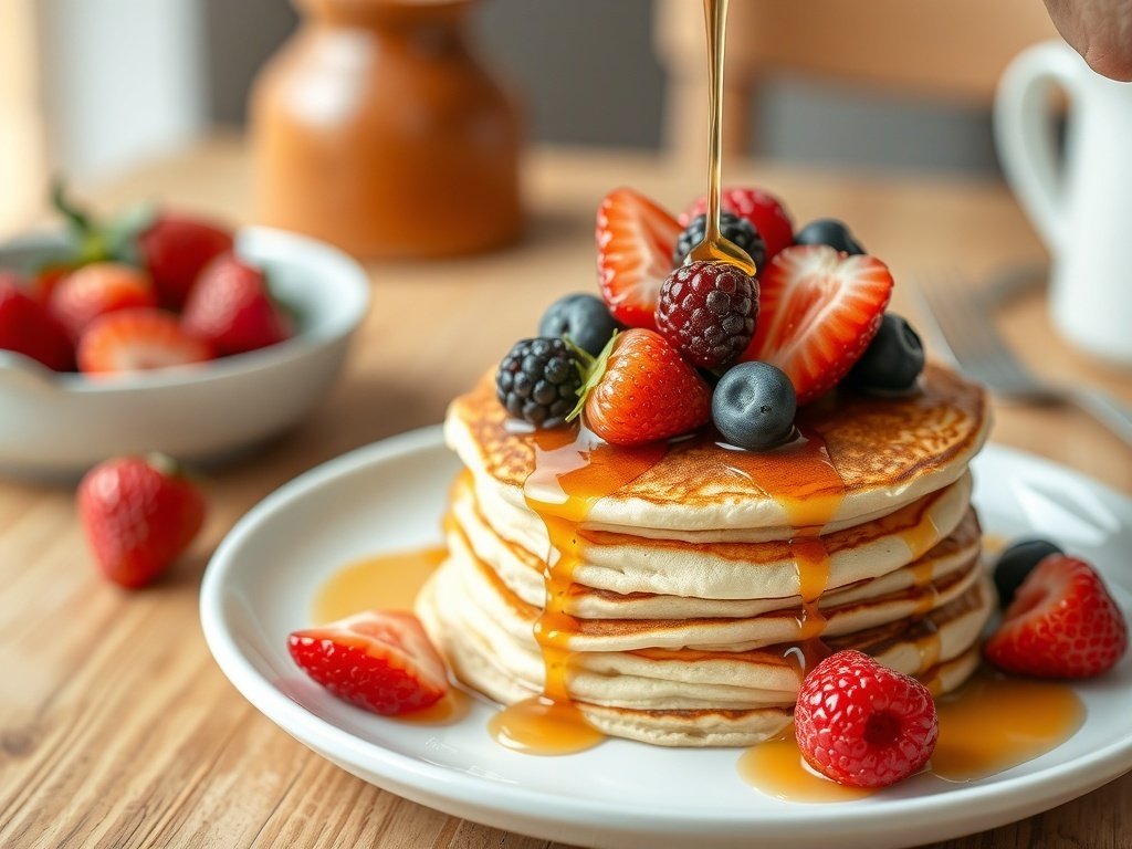 A stack of fluffy pancakes drizzled with maple syrup and topped with fresh berries.