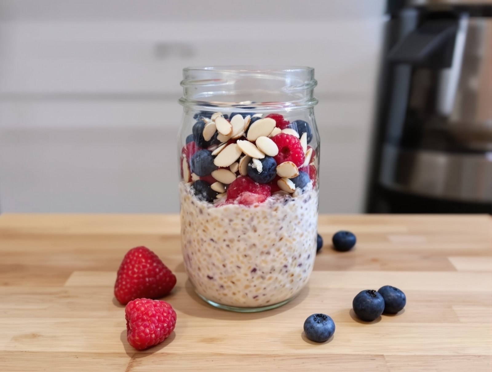 A jar of overnight oats topped with almonds and mixed berries on a wooden kitchen counter.