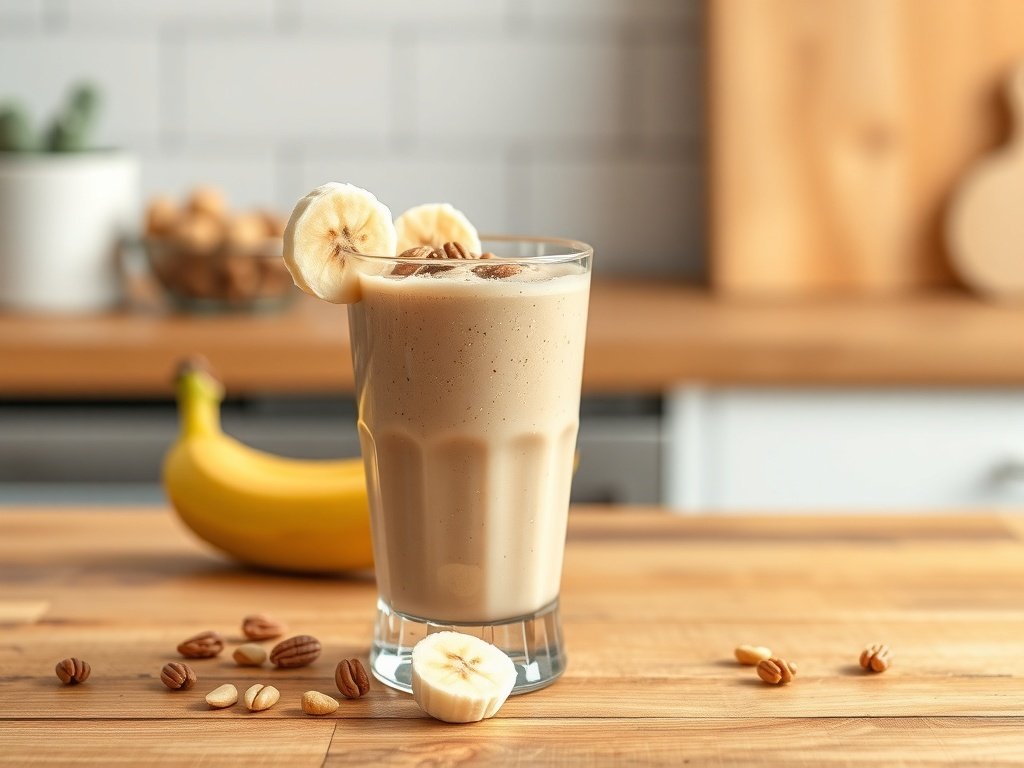 A glass of Nut Butter Banana Smoothie with banana slices on top, surrounded by nuts and a banana.