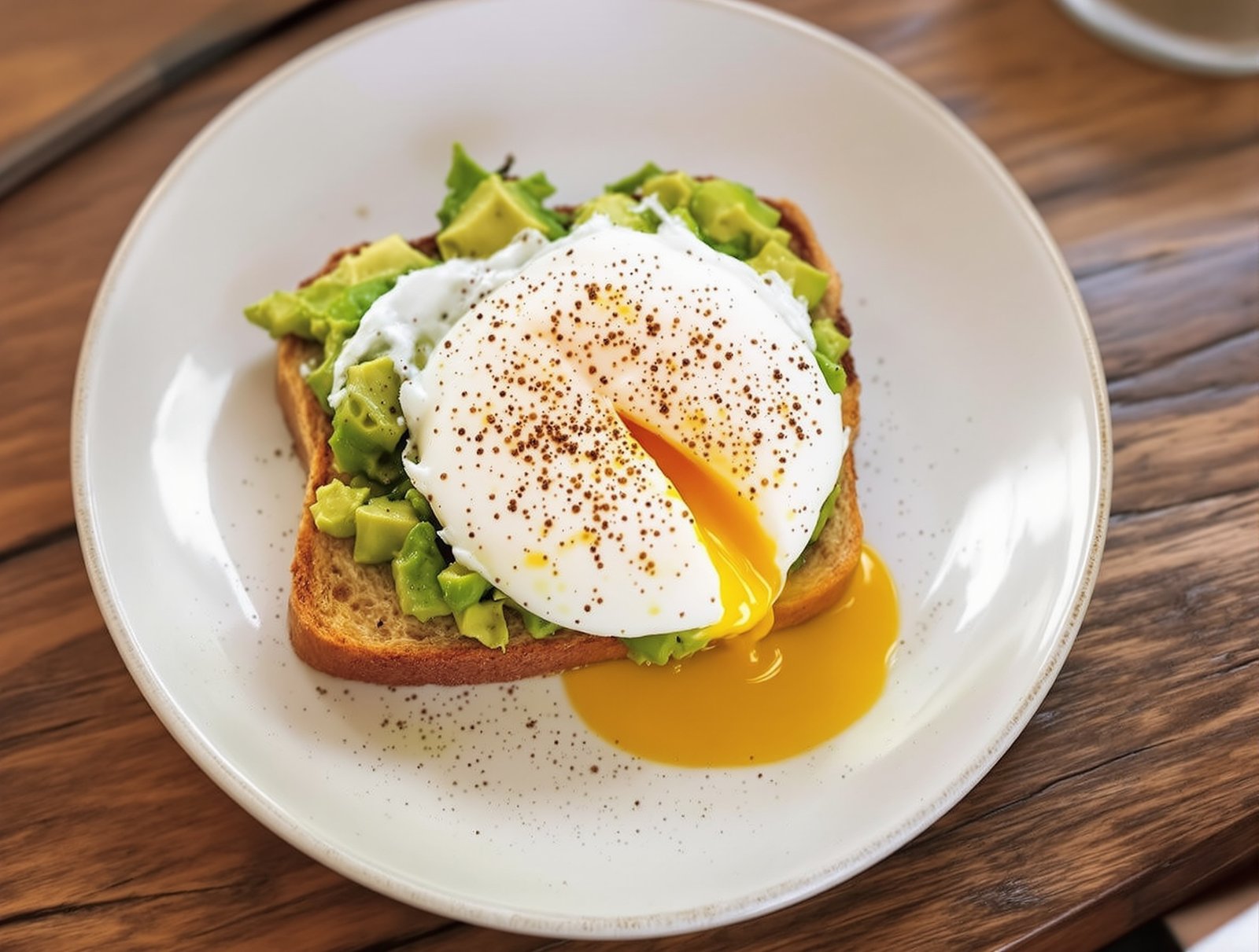 A slice of avocado toast topped with a poached egg and green peppers, served on a white plate