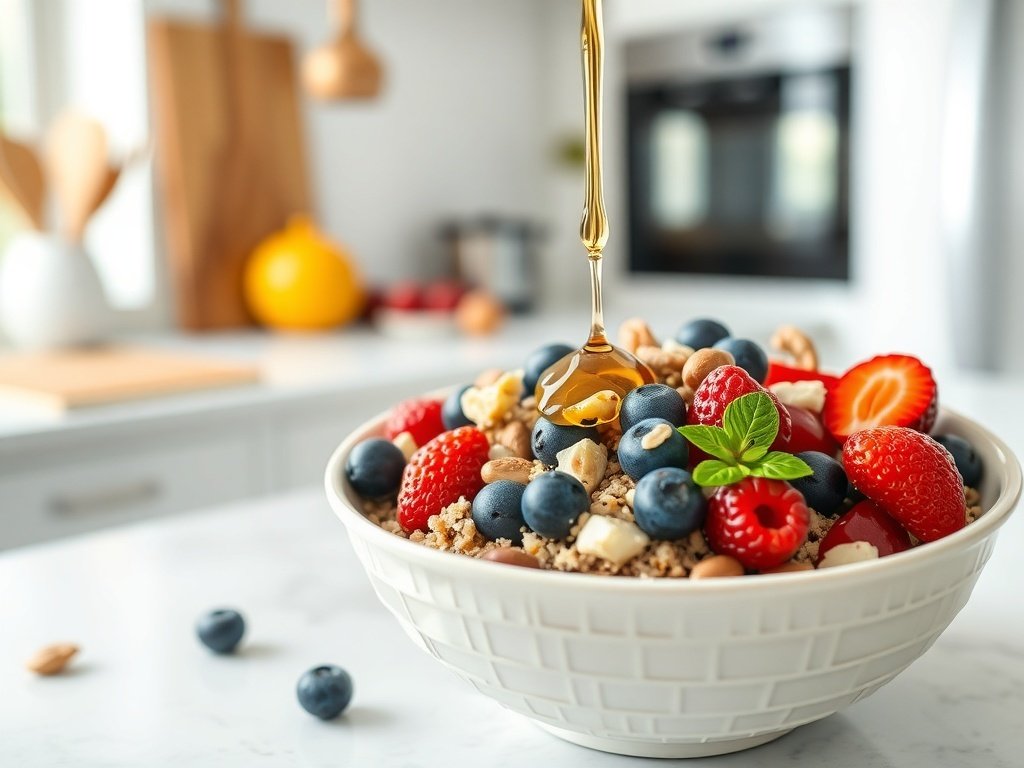 A quinoa breakfast bowl topped with fresh berries and honey, set on a kitchen countertop.