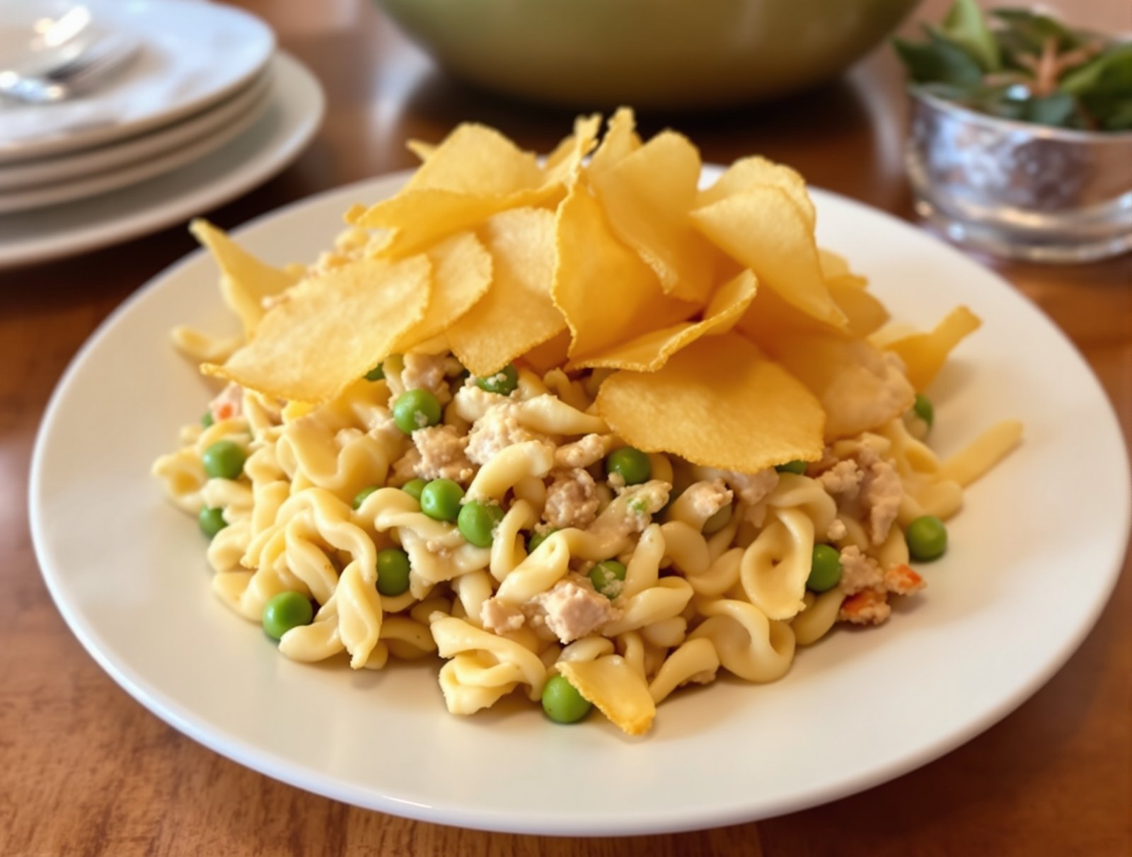A bowl of tuna noodle casserole topped with green peas and crispy chips.