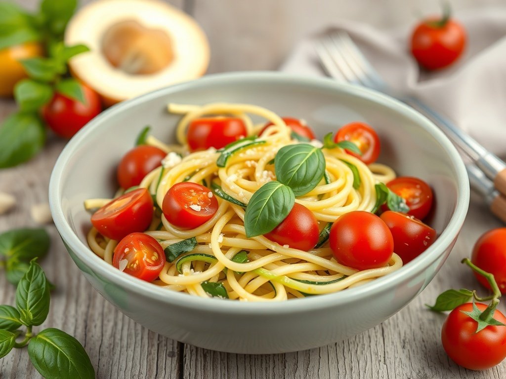 Zucchini noodles in a bowl with cherry tomatoes and basil.