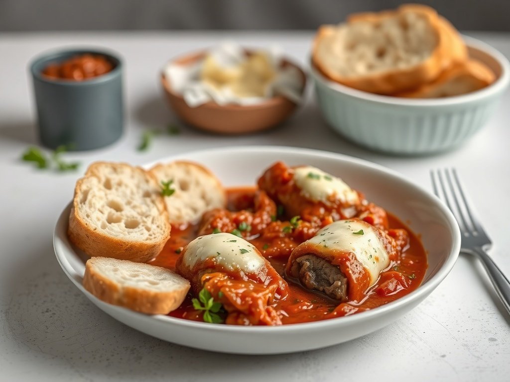 A plate of beef braciole with tomato sauce and bread on the side.