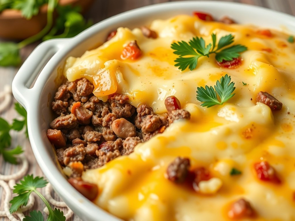 A hearty Shepherd's Pie Casserole with mashed potatoes, ground meat, and cheese
