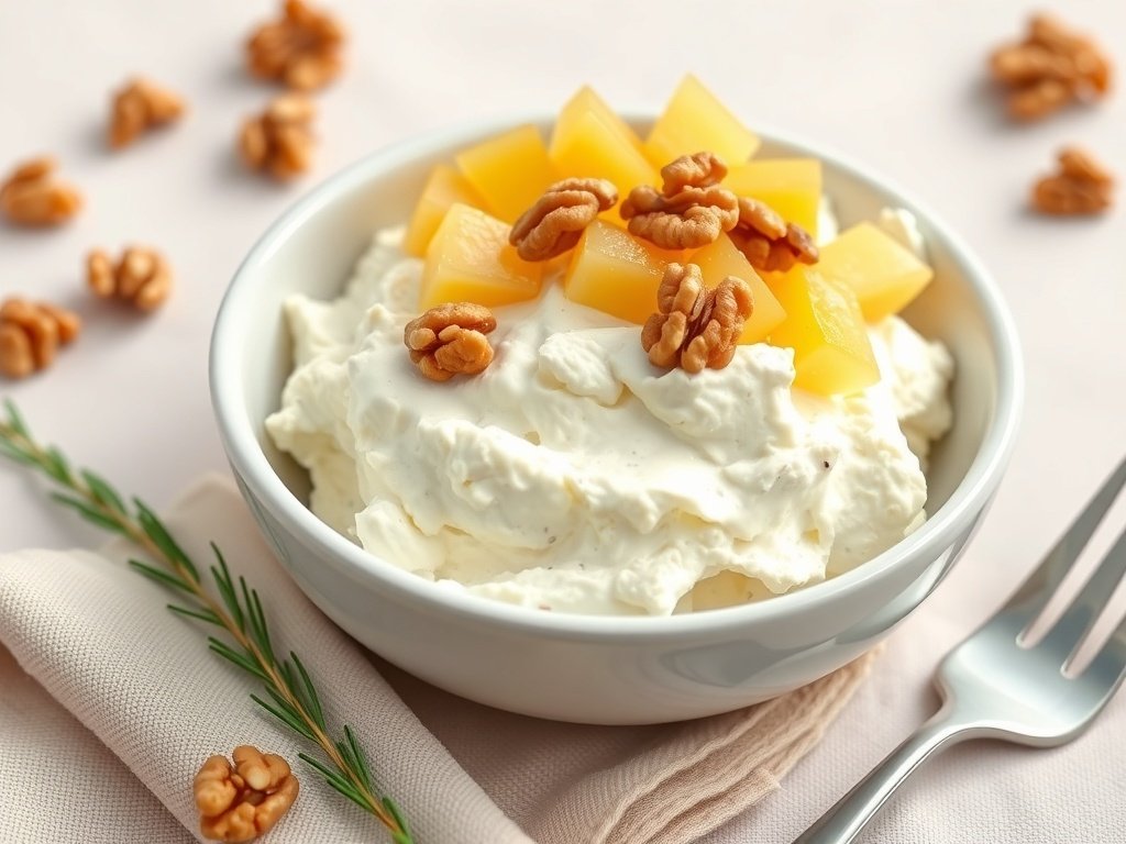 A bowl of cottage cheese topped with pineapple and walnuts, with a fork and decorative elements.