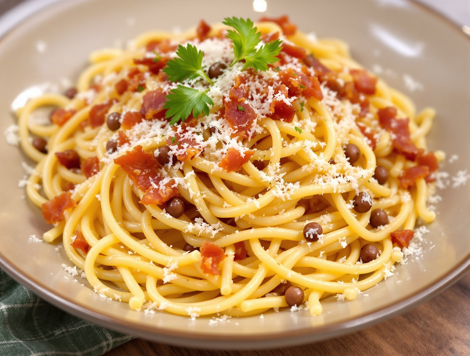 A bowl of Spaghetti Carbonara topped with cheese and parsley.