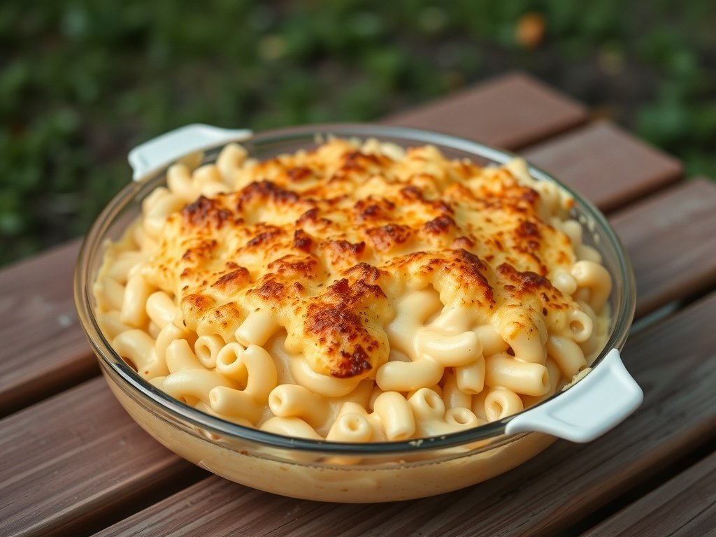 A delicious macaroni and cheese casserole fresh out of the oven.