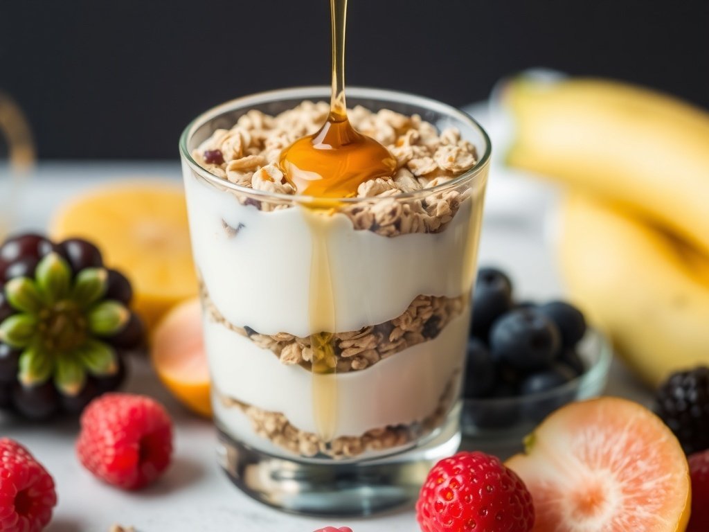 A delicious yogurt parfait topped with granola and berries