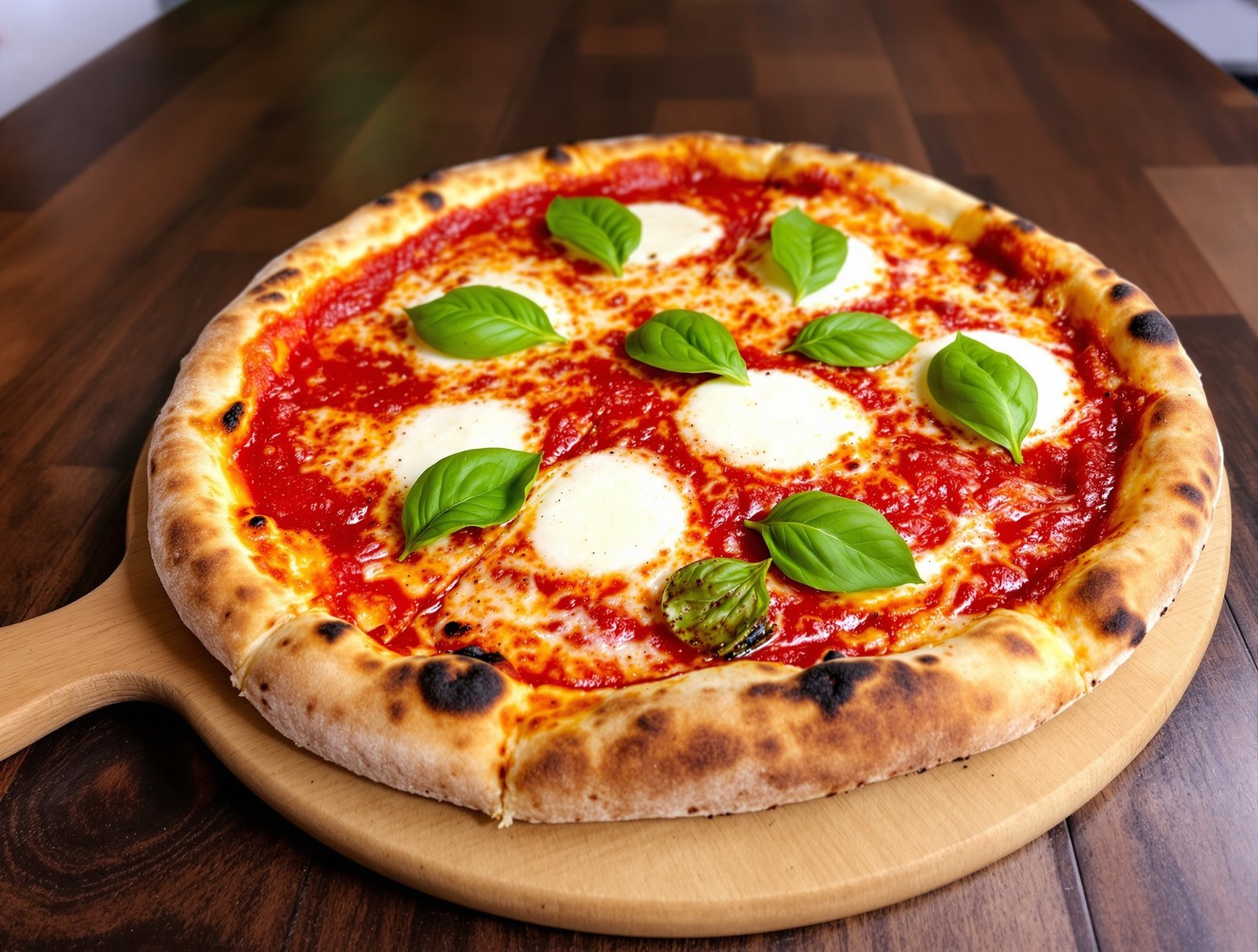 A delicious Margherita pizza topped with mozzarella cheese and fresh basil on a wooden serving board.
