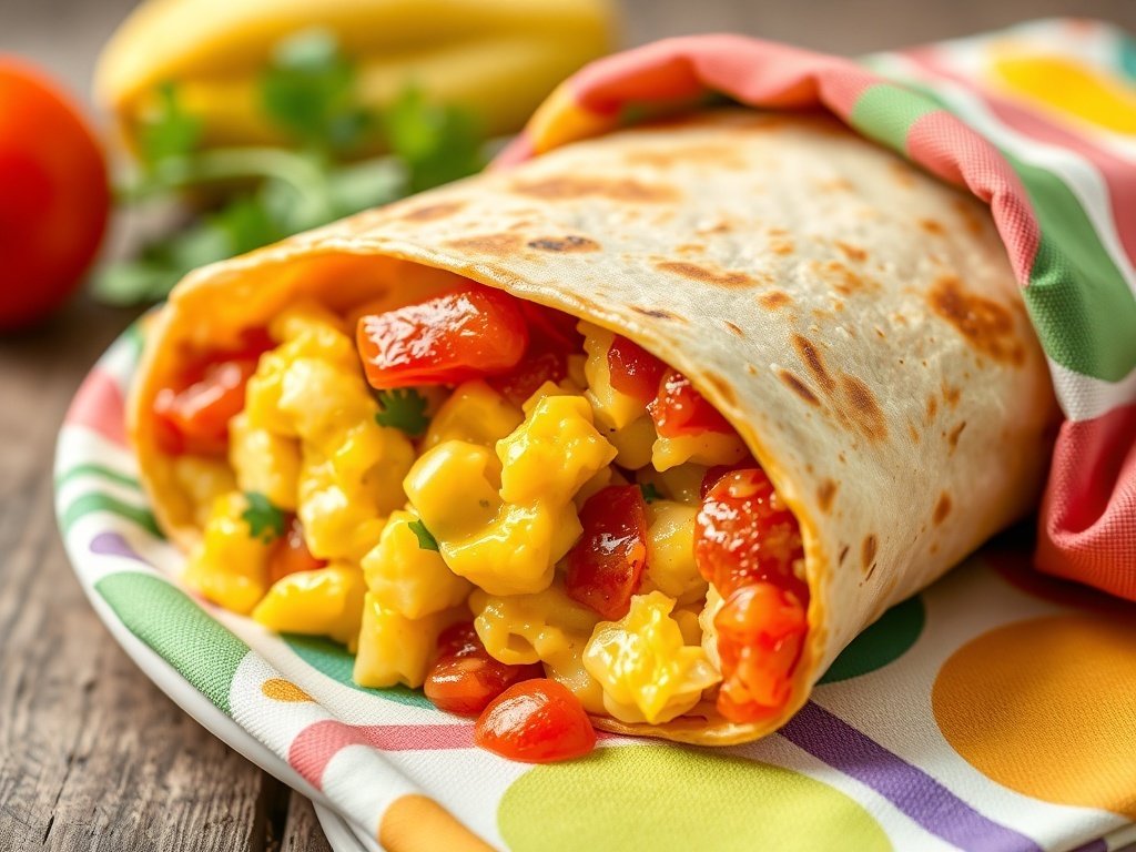 A close-up of a breakfast burrito filled with eggs, salsa, and garnished with fresh tomatoes.