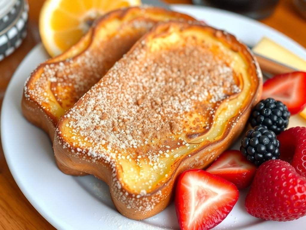 Delicious French toast topped with cinnamon sugar and fresh berries on a white plate
