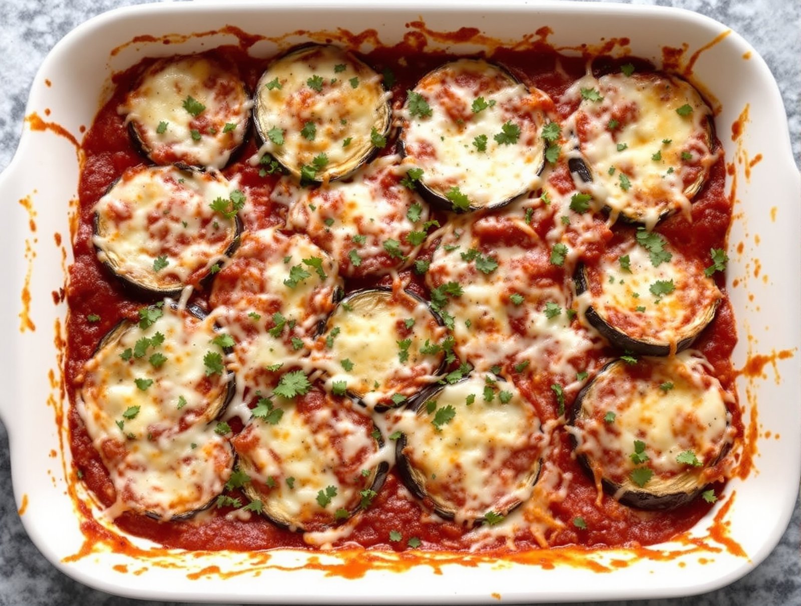 Eggplant Parmesan Casserole with fresh basil and tomatoes