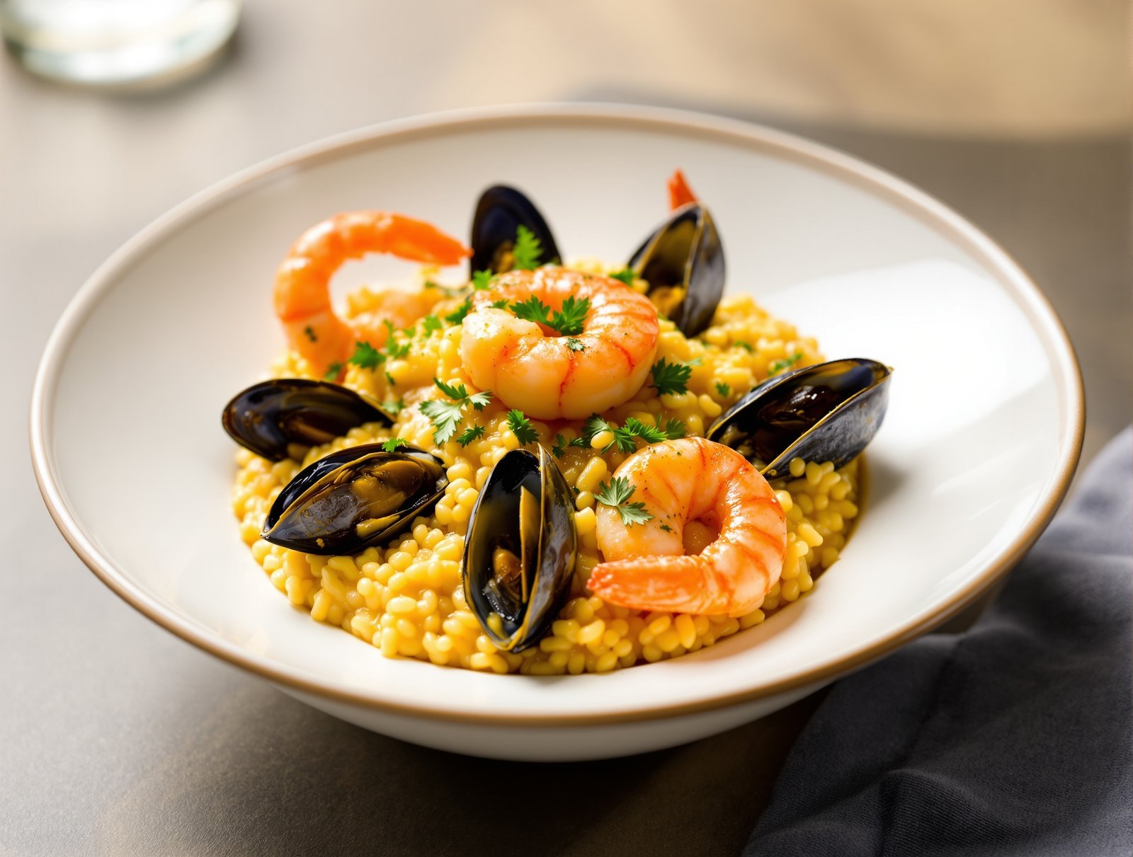 A bowl of creamy seafood risotto with shrimp and mussels.
