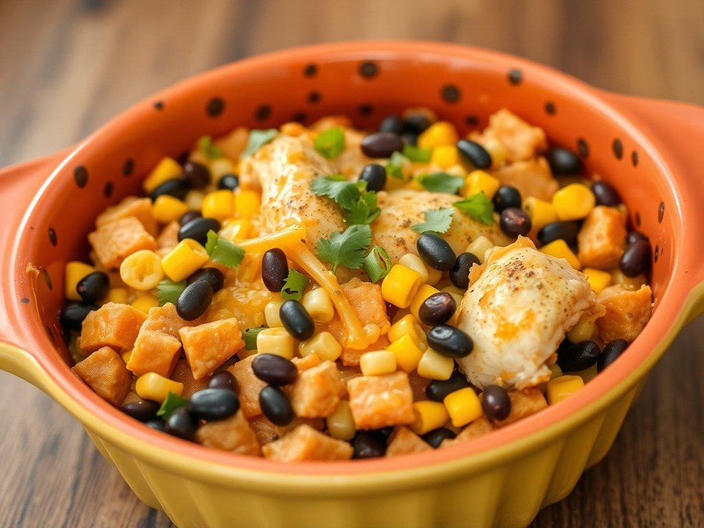 A colorful Southwestern Chicken Casserole filled with sweet potatoes, black beans, corn, and cheese.