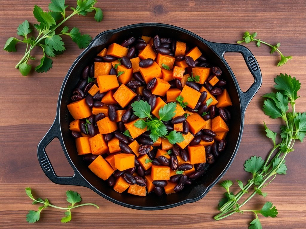 Sweet Potato Hash with Black Beans served in a black pan, surrounded by fresh cilantro on a wooden table.