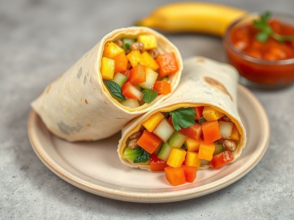 A delicious egg and vegetable breakfast wrap served on a plate, accompanied by banana and salsa.