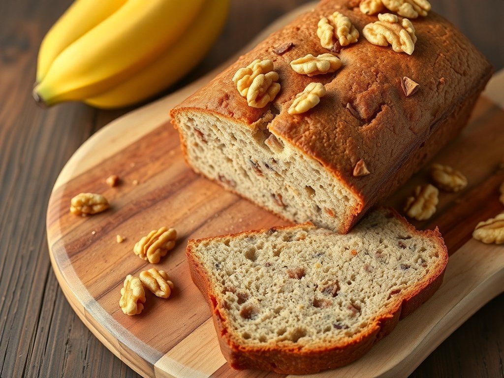 A loaf of banana bread with walnuts sliced on a wooden board, with bananas in the background.