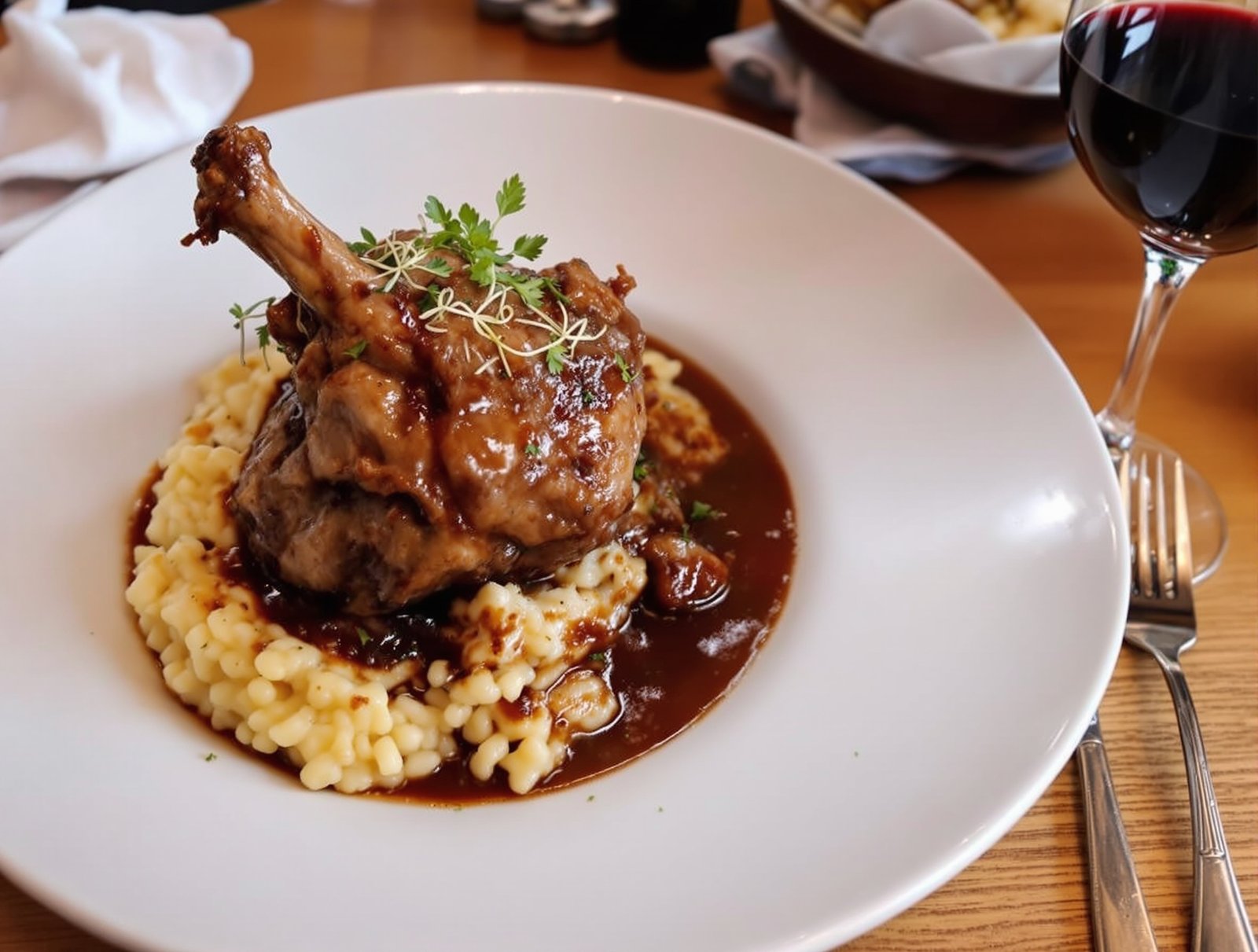 A plate of osso buco served over risotto, with cherry tomatoes and wine in the background.