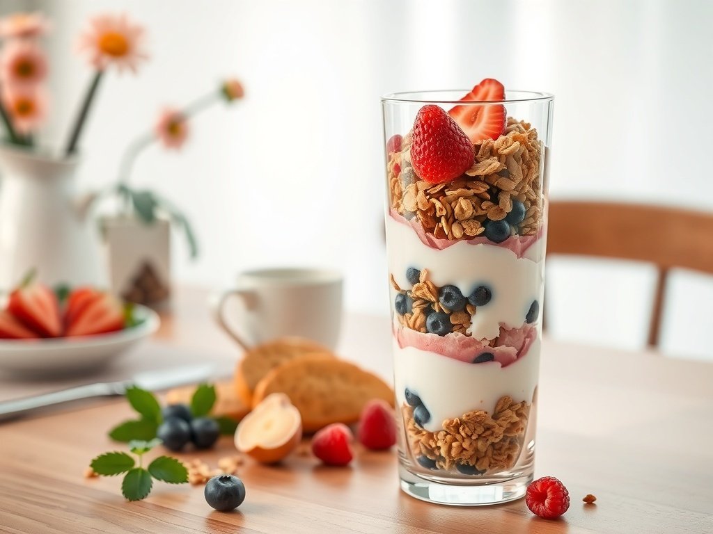 A delicious Greek yogurt parfait in a glass, layered with granola and topped with strawberries and blueberries. A cozy breakfast scene with flowers and tea in the background.