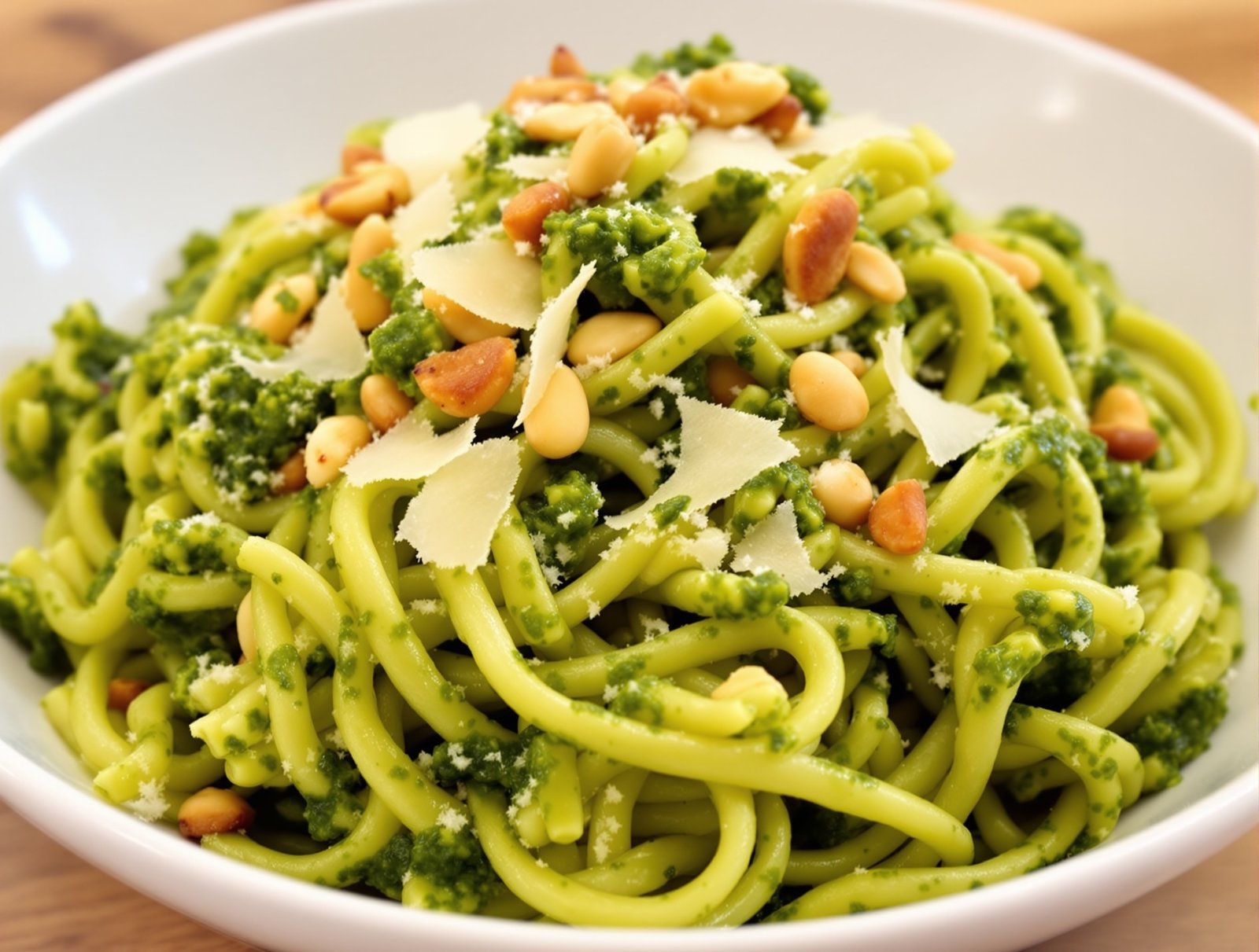 A bowl of fresh pasta coated in pesto genovese, garnished with pine nuts and cheese.