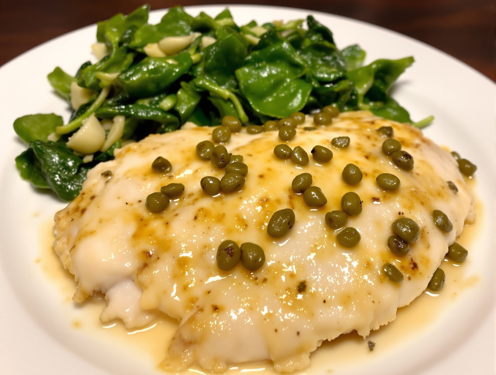 Plate of tender chicken piccata with capers, lemon slices, and a side of spinach.