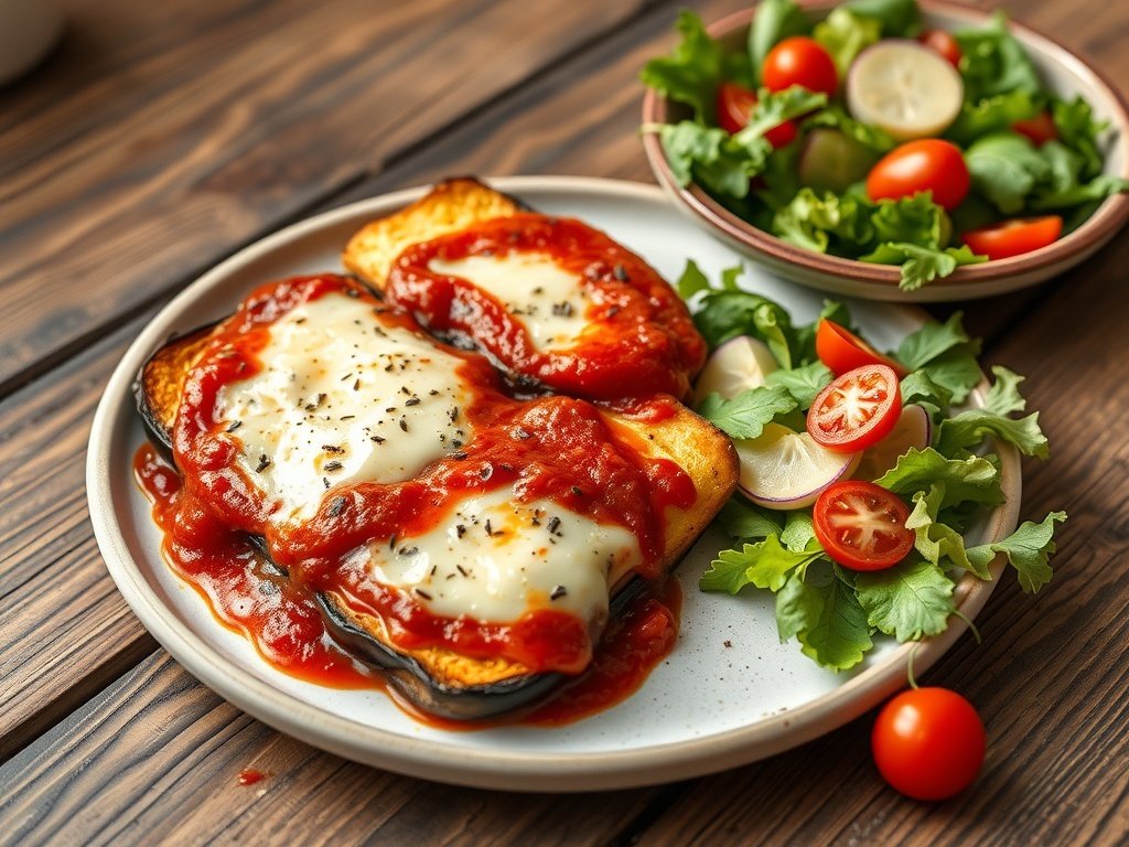 Plate of Eggplant Parmesan with Marinara and a side salad