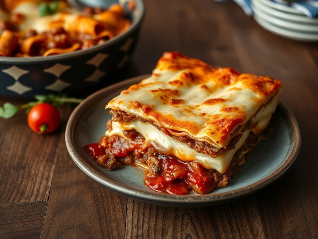 A delicious slice of homemade lasagna layered with meat sauce and béchamel.