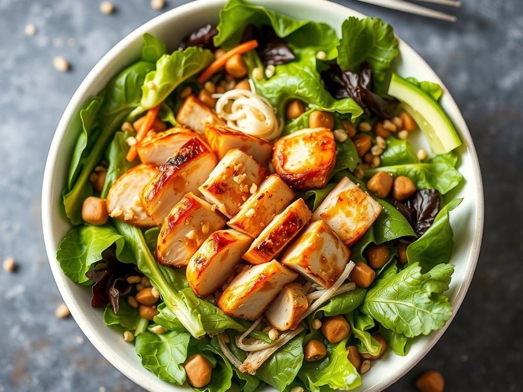 A vibrant Asian sesame chicken salad with grilled chicken slices, colorful vegetables, and greens.