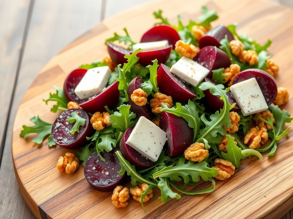 Roasted Beet and Goat Cheese Salad with walnuts and greens