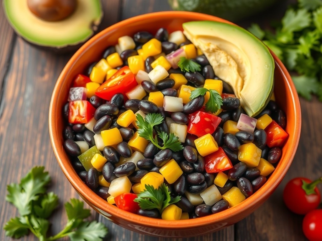 A bright and colorful bowl of Southwestern Black Bean Salad with black beans, corn, bell peppers, avocado, and cilantro.