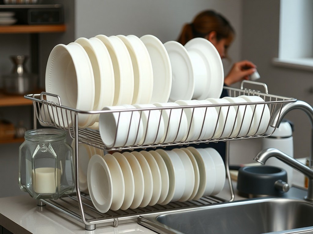 A dish drying rack with clean plates in a kitchen