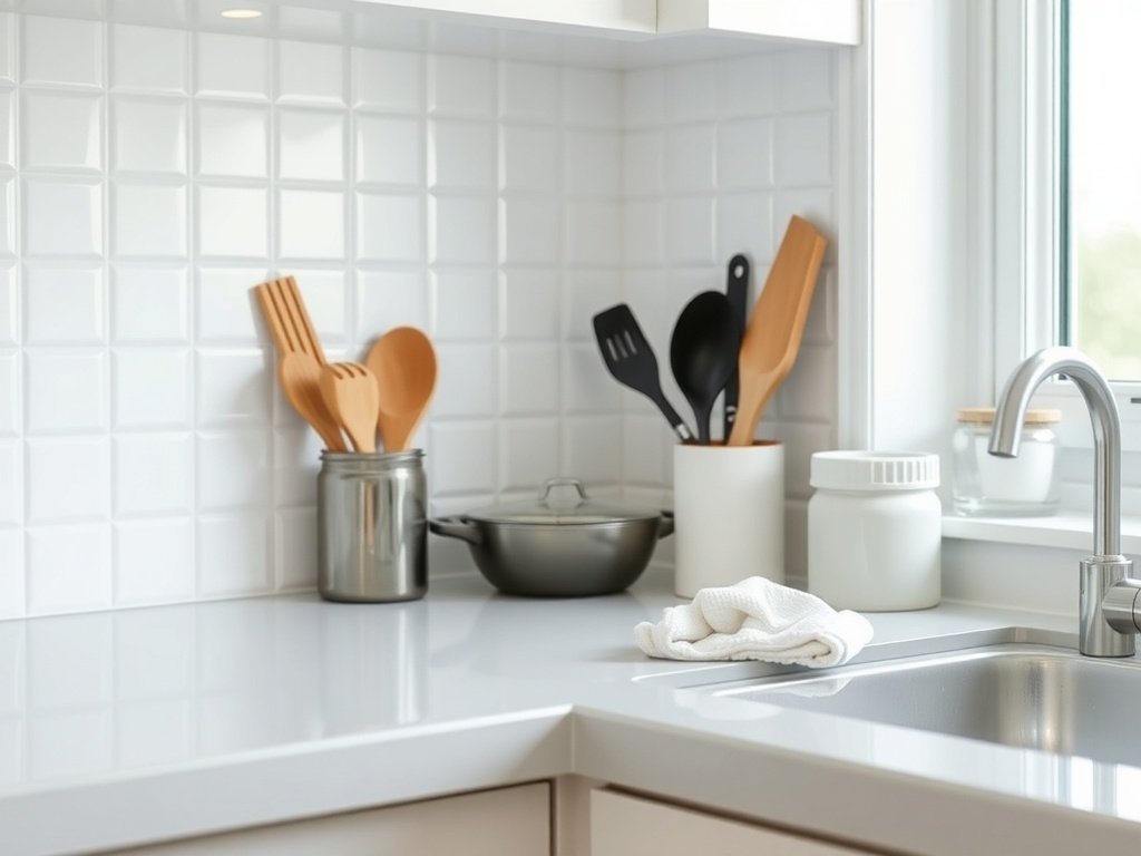 Clean and organized kitchen countertop with utensils and cooking tools.