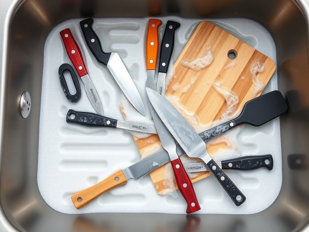 Various kitchen knives and a cutting board soaking in soapy water in a sink.