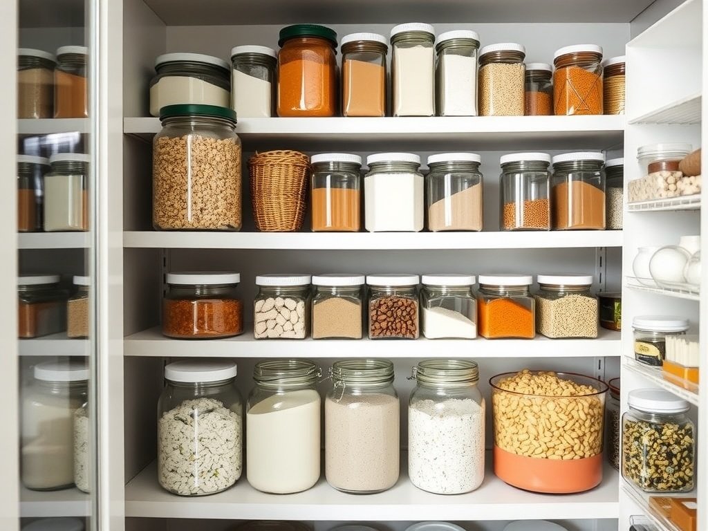 A neatly organized pantry with labeled jars and containers for various food items.