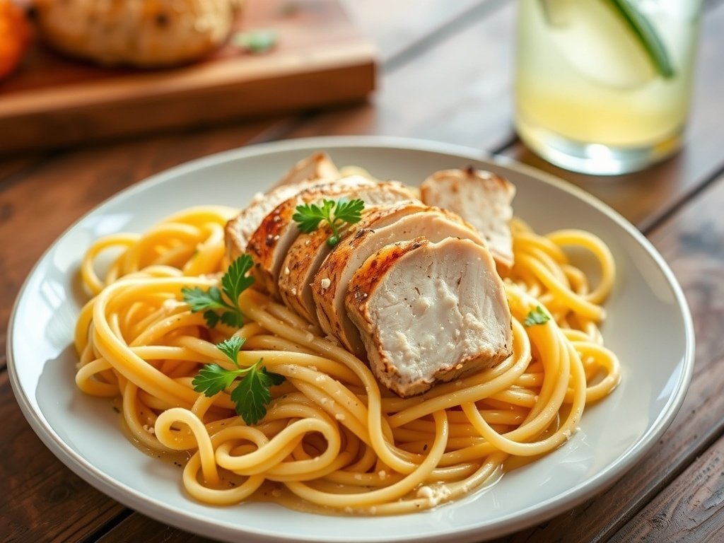 Lemon Black Pepper Chicken Fettuccine Recipe Creamy fettuccine pasta with lemon black pepper chicken, garnished with parsley and parmesan on a rustic table.